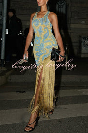 Unique Print Sleeveless Fitted Fringed Hem Maxi Dress