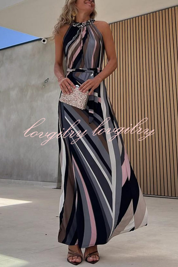 Flowing Elegance Colored Lines Printed Belt Halter Maxi Dress