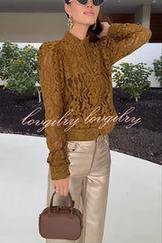 Palace Style Crochet Flower Lace Stand Neck Button Puff Sleeve Jacket