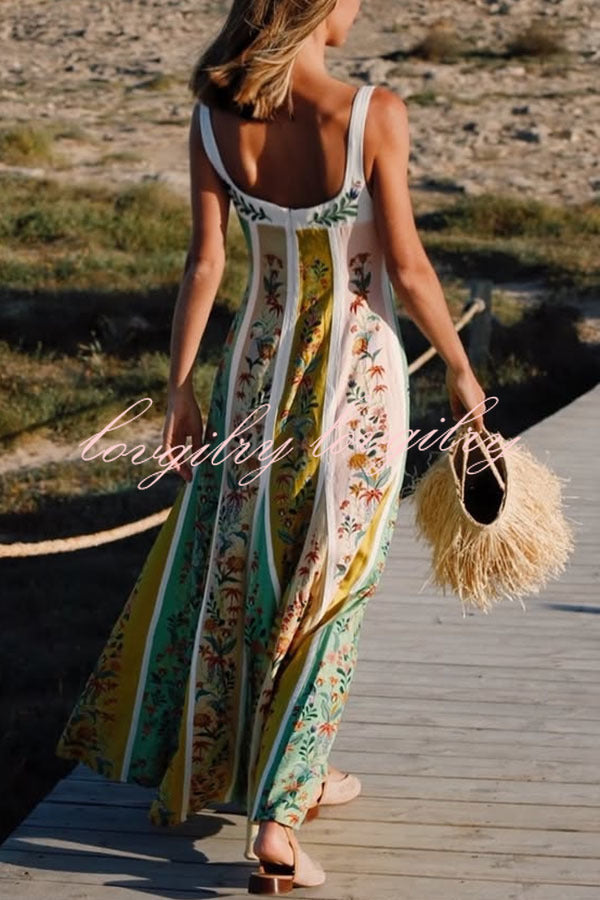 Sweet Garden Linen Blend Color Block Floral Paneled Maxi Dress