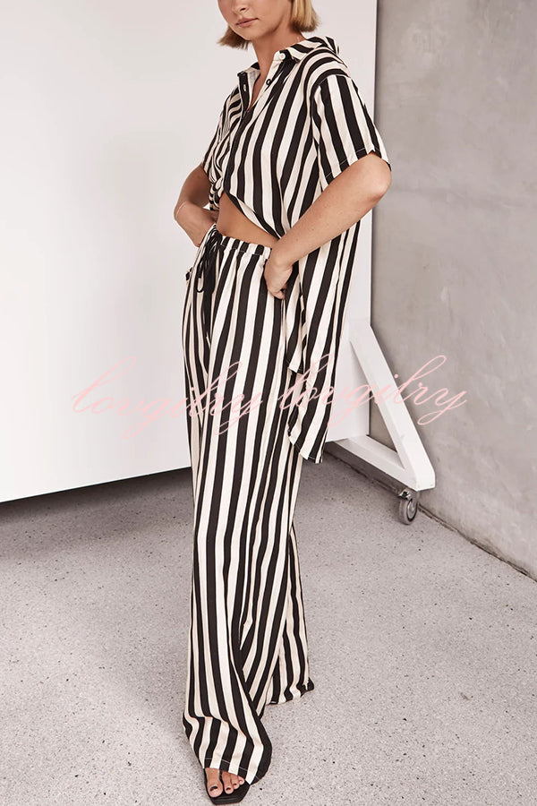 Erika Striped Casual Shirt and Elastic Waist Pocket Wide Leg Pants Set