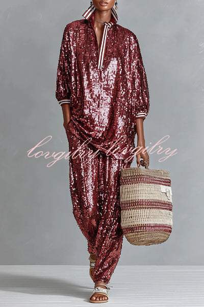 Holiday Honey Sequin Striped Trim Half Sleeve Loose Shirt and Elastic Waist Pocket Wide Leg Pants Set