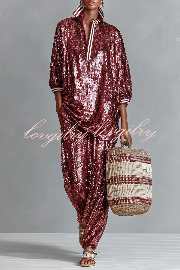 Holiday Honey Sequin Striped Trim Half Sleeve Loose Shirt and Elastic Waist Pocket Wide Leg Pants Set