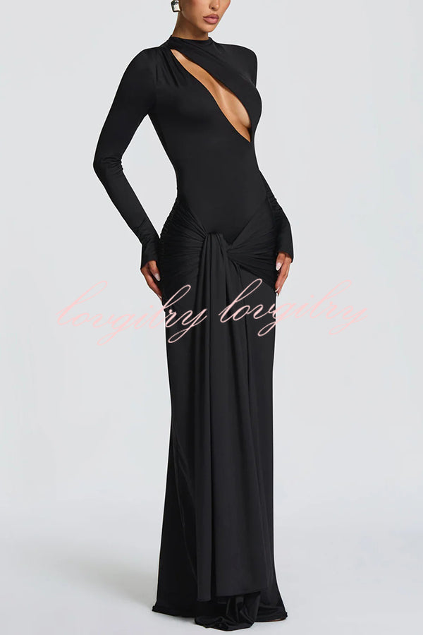Sexy Cutout Fitted Long-sleeved Pleated Satin Ribbon Maxi Dresses