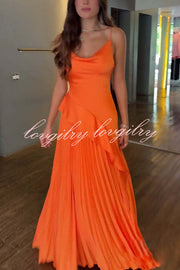 Own The Occasion Satin Cowl Neck Ruffle Pleated Maxi Dress