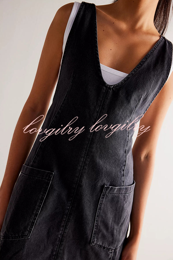 Solid Color Sleeveless V-neck Pocket Adjustable Denim Suspender Mini Dress