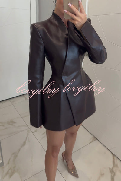 Hourglass Figure Faux Leather Stand Neck Long Slit Sleeve Mini Dress