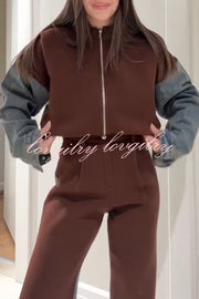 Sports Fashion Denim Patchwork Sweatshirt Fabric Zipper Long Sleeve Loose Jacket