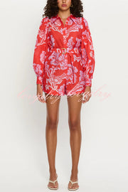 Linen Blend Botanical Print Lapel Puff Sleeve Loose Tie Casual Rompers