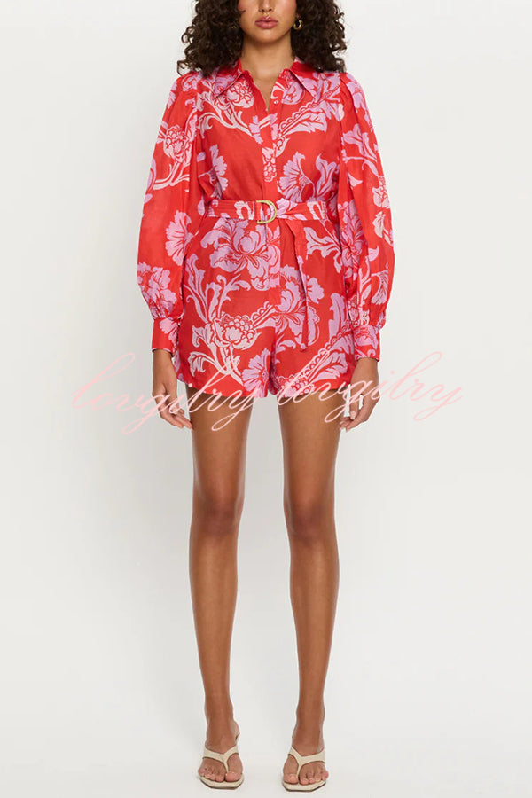 Linen Blend Botanical Print Lapel Puff Sleeve Loose Tie Casual Rompers