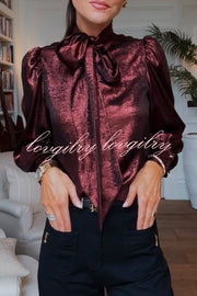 Ariella Metallic Satin Fabric Tie-up Bow Neck Long Sleeve Blouse