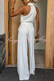 Fashionable Unique Look Halter Shirt Collar Wide Leg Jumpsuit