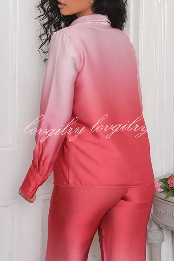 Gradient Long-sleeved Shirt Top and Loose-fitting Pocket Straight-leg Pants Set