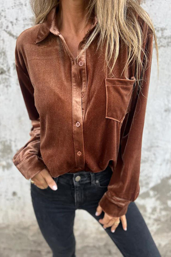 Solid Velvet Long-sleeved Single-breasted Loose Pocket Shirt