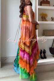 Rosha Georgette Crepe Tie-dye Print Layered Ruffles A-line Maxi Dress