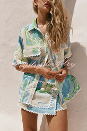 Pierre Linen Blend Ric Rac Trims Unique Print Short Sleeve Shirt and Wrap Tie-up Mini Skirt Set