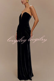 Paige Velvet Off Shoulder Side Pleated Hip Drape Maxi Dress
