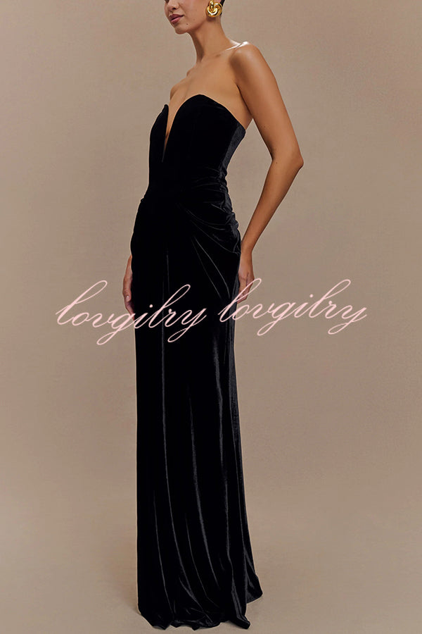 Paige Velvet Off Shoulder Side Pleated Hip Drape Maxi Dress