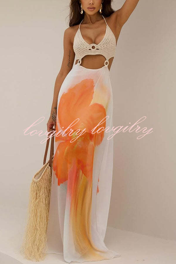 Lily Crochet Knit Bust Ring Floral Print Tulle Hem Maxi Dress