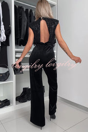 Perfect Party Style Sequin Velvet Patchwork Backless Flare Stretch Jumpsuit