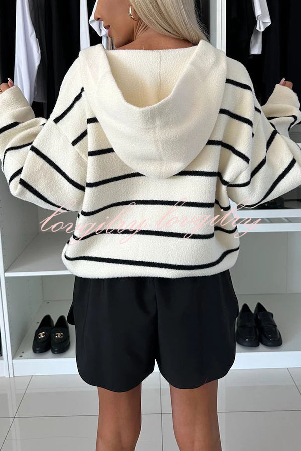 Fashion and Comfort Knit Striped Button Up Pocket Hoodie Cardigan