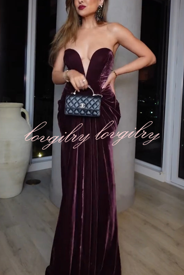 Paige Velvet Off Shoulder Side Pleated Hip Drape Maxi Dress