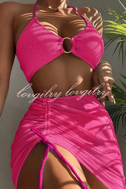 Commuting Style Suspender Pleated Hoop Three Pieces Swimsuit Set