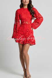 Solid Color Hollow Long-sleeved Waisted Lace Mini Dress