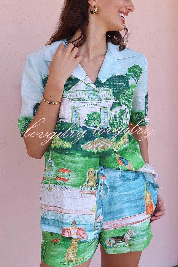 Pool Parties Linen Blend Unique Print Short Sleeve Shirt and Elastic Waist Pocket Shorts Set