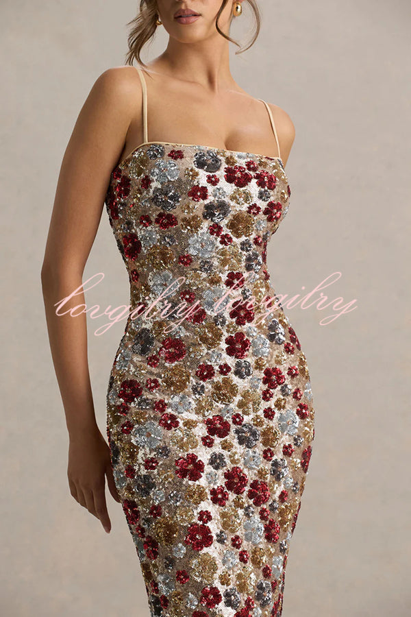 The Center of Attention Floral Print Sequin Square Neck Slip Stretch Maxi Dress