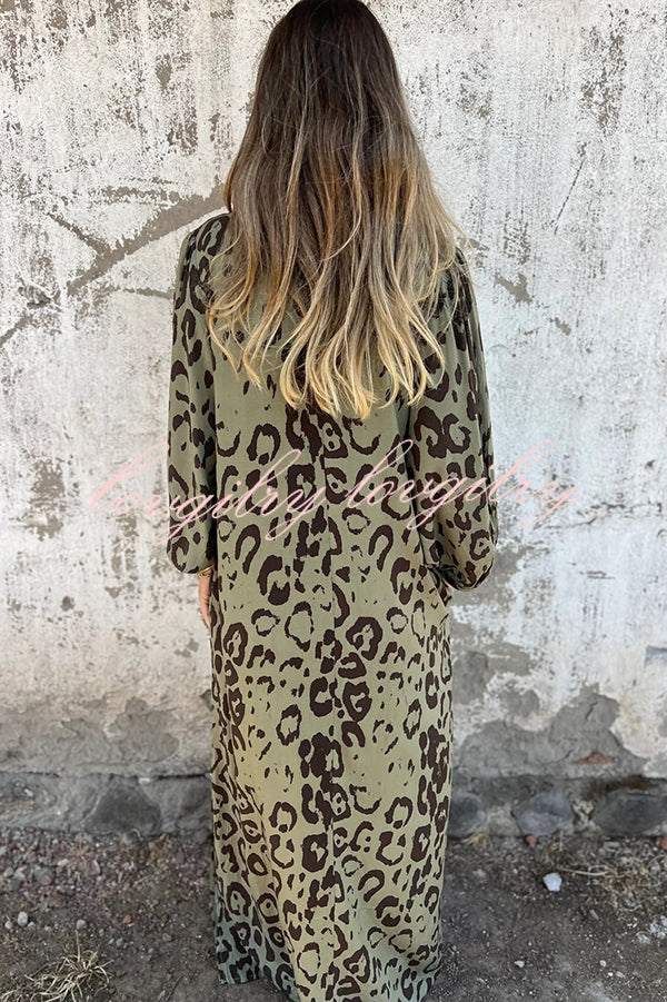 Leopard Print Loose V-neck Pocket Holiday Style Maxi Dress