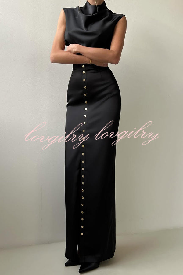 Solid Color Casual Sleeveless Crop Top and Elegant Button-down Maxi Skirt Set