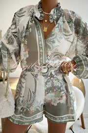 Botanical Print Palace Style Stand-up Collar Lantern Sleeve Loose Top and Casual Shorts Set