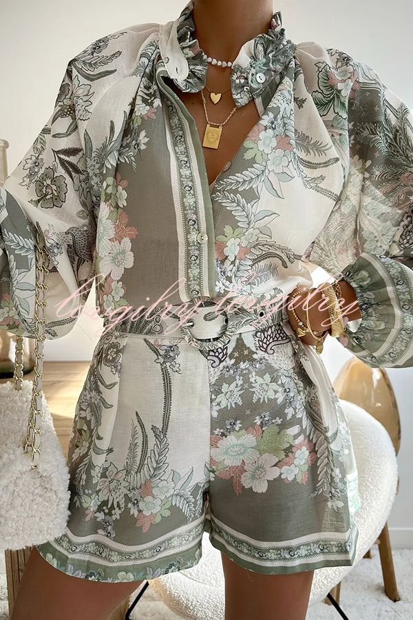 Botanical Print Palace Style Stand-up Collar Lantern Sleeve Loose Top and Casual Shorts Set