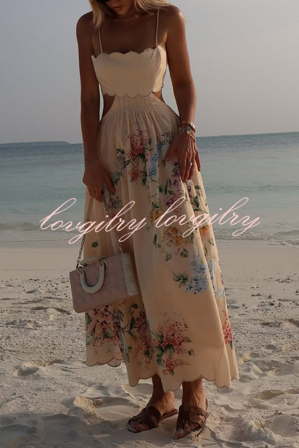 Cabo Sunsets Floral Print Petal Trim Back Lace-up Midi Dress