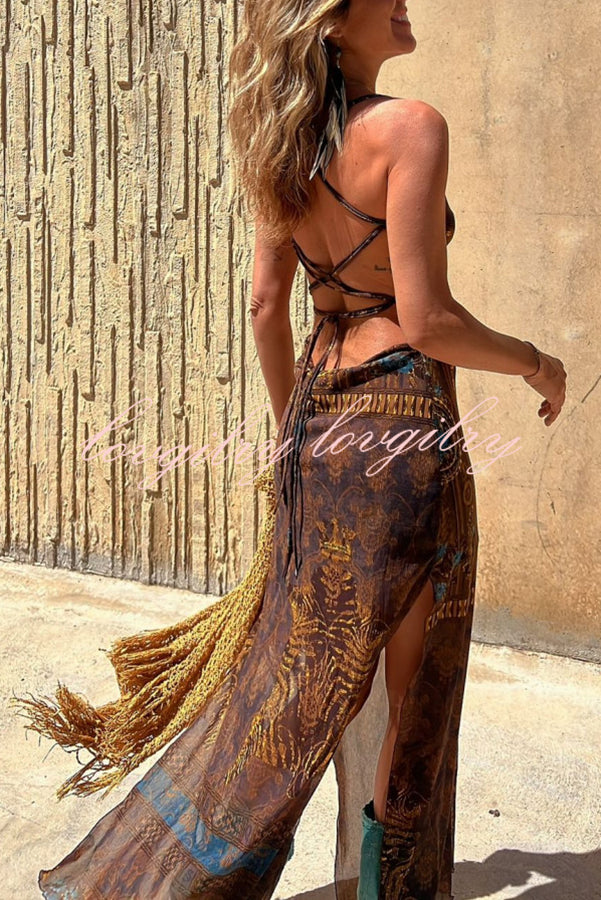 Gypsy Style Unique Print Cowl Neck Back Lace-up Slit Midi Dress