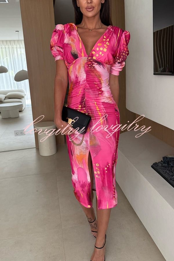 Unique Print V-Neck Puff Sleeve Slit Slim Midi Dress