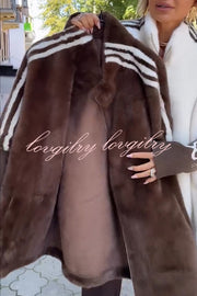 Fashion Sports Stripe Print and Ribbed Embroidered Long Sleeve Zipper Stand Nack Pocket Plush Coat
