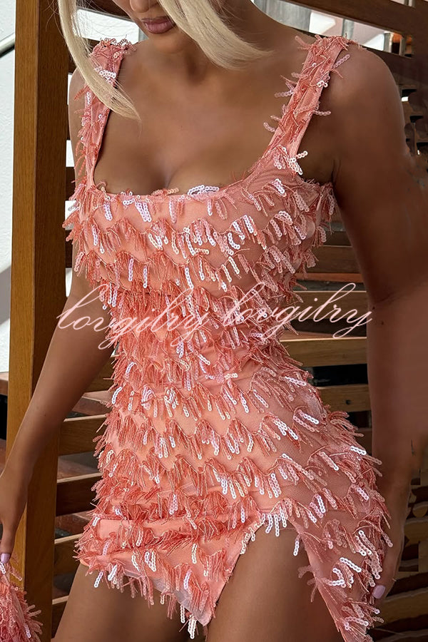 Sexy Square Neck Open Back Sequined Tassel Slim Mini Dress