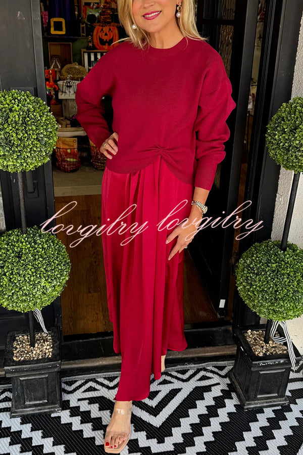 Practical Fashion Knit Ruched Sweater and Satin Stretch Tank Midi Dress Two-piece Set