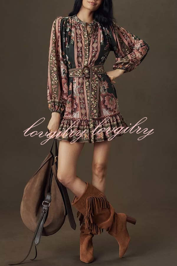 Brazilian Style Unique Floral Print Puff Sleeve Belted Pleated Hem Mini Dress