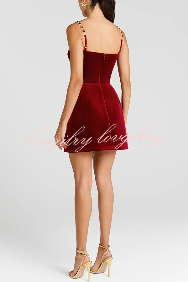 Harley Luxurious Velvet Fabric Jewel-embellished Shoulder Straps Pocket Tulip Mini Dress