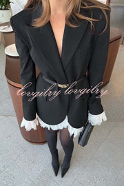 Cue The Chic Lace Trim Button Long Sleeve Lapel Blazer Mini Dress