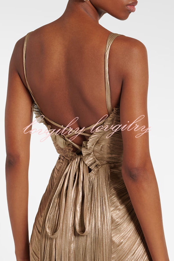 Vegas Queen Metallic Pleated Sculpted Bodice Back Lace-up Drape Maxi Dress
