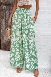 Uniquely Printed Ruffled Elastic Waist Pocket Pleated Wide Leg Pants