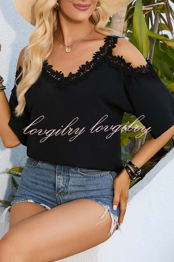 Azra V-neck Lace Floral Trim Cold Shoulder Loose Shirt