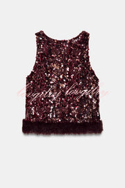 Gala Goddess Sequin Faux Fur Trim Crew Neck Sleeveless Loose Top