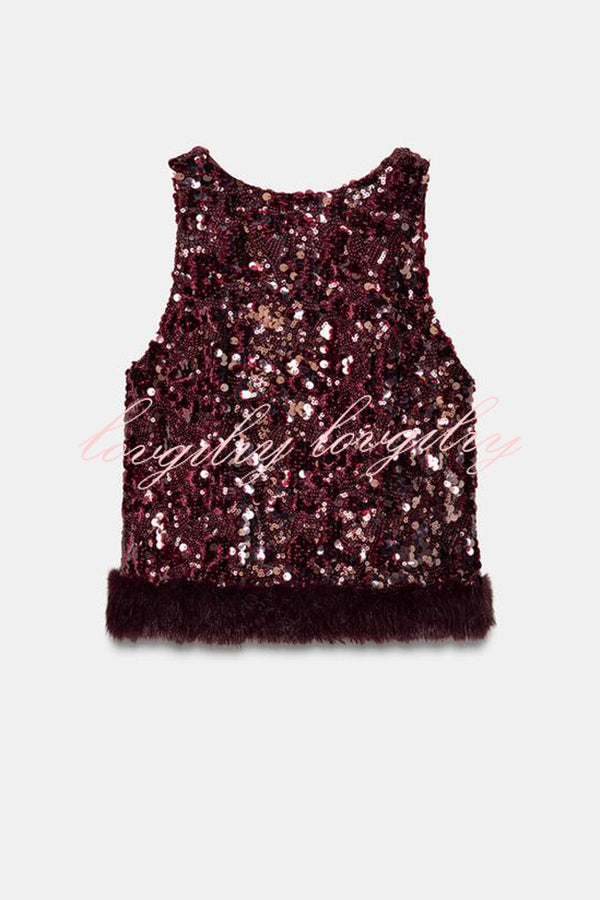 Gala Goddess Sequin Faux Fur Trim Crew Neck Sleeveless Loose Top
