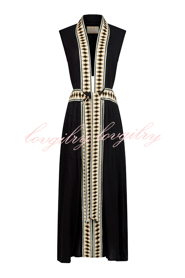 Fashionable Lock-edge Printed V-neck Lace-up Holiday Cover-up Robe