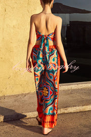 Ethnic Style Unique Print Tube Top and Elastic Waist Casual Pocket Wide Leg Pants Set